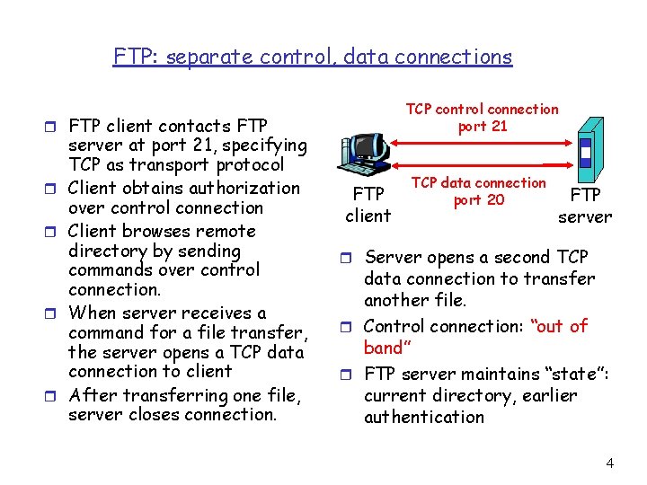 FTP: separate control, data connections TCP control connection port 21 r FTP client contacts