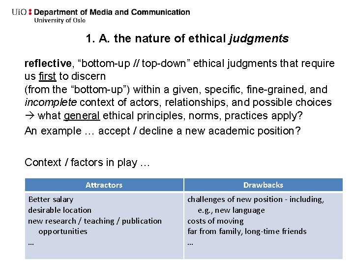 1. A. the nature of ethical judgments reflective, “bottom-up // top-down” ethical judgments that