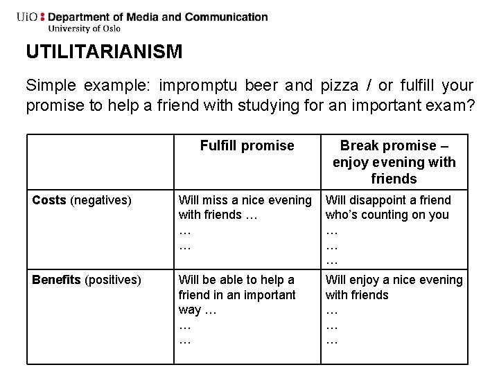 UTILITARIANISM Simple example: impromptu beer and pizza / or fulfill your promise to help