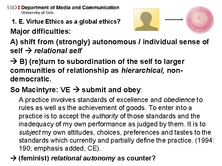 1. E. Virtue Ethics as a global ethics? Major difficulties: A) shift from (strongly)