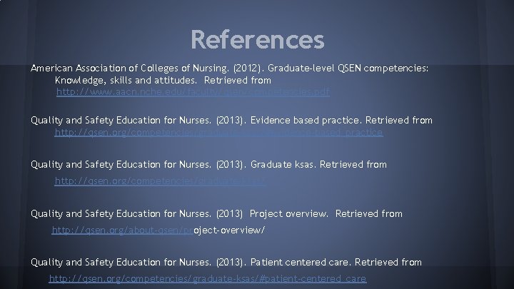 References American Association of Colleges of Nursing. (2012). Graduate-level QSEN competencies: Knowledge, skills and