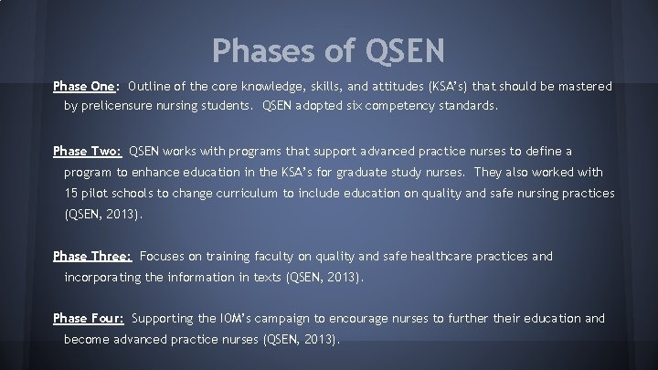 Phases of QSEN Phase One: Outline of the core knowledge, skills, and attitudes (KSA’s)