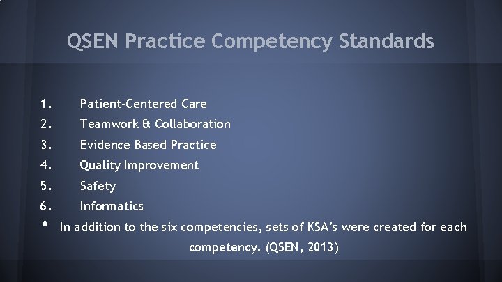 QSEN Practice Competency Standards 1. Patient-Centered Care 2. Teamwork & Collaboration 3. Evidence Based