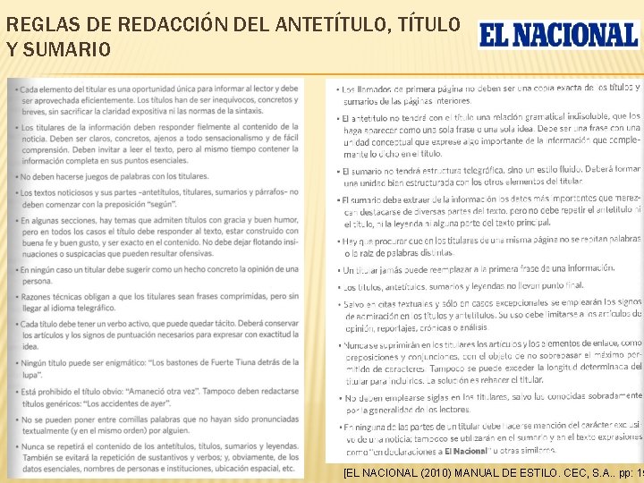 REGLAS DE REDACCIÓN DEL ANTETÍTULO, TÍTULO Y SUMARIO [EL NACIONAL (2010) MANUAL DE ESTILO.