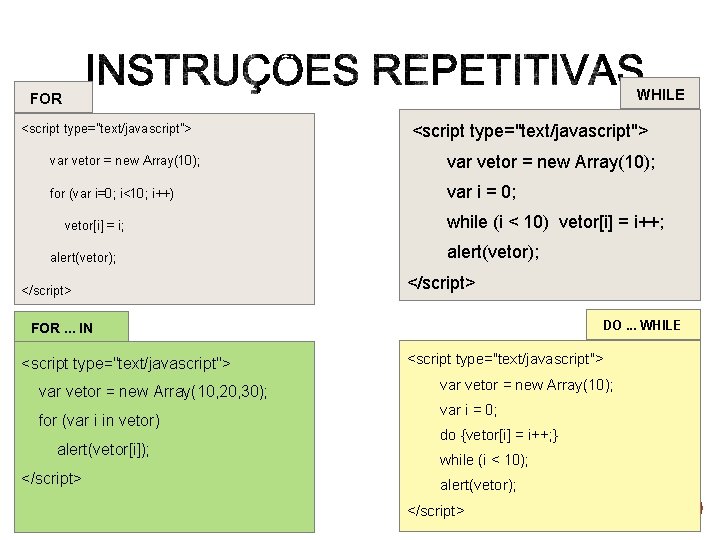 WHILE FOR <script type="text/javascript"> var vetor = new Array(10); for (var i=0; i<10; i++)