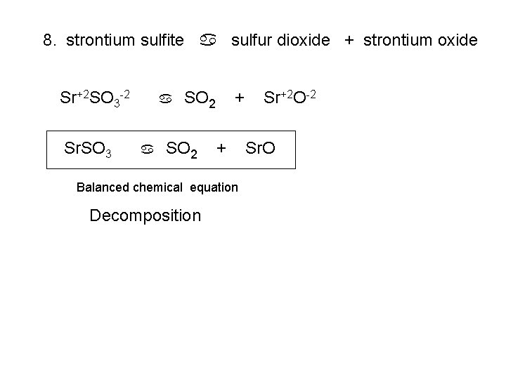 8. strontium sulfite a sulfur dioxide + strontium oxide Sr+2 SO 3 -2 Sr.