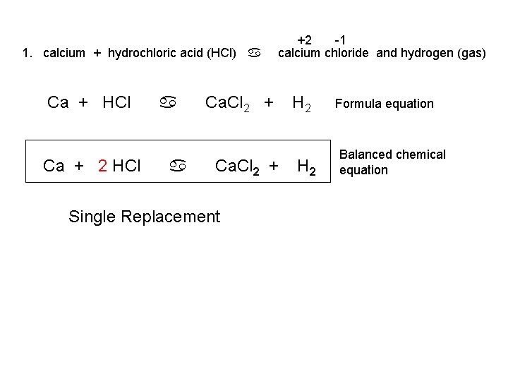 1. calcium + hydrochloric acid (HCl) a Ca + HCl Ca + 2 HCl
