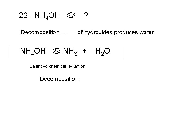 22. NH 4 OH a Decomposition …. ? of hydroxides produces water. NH 4