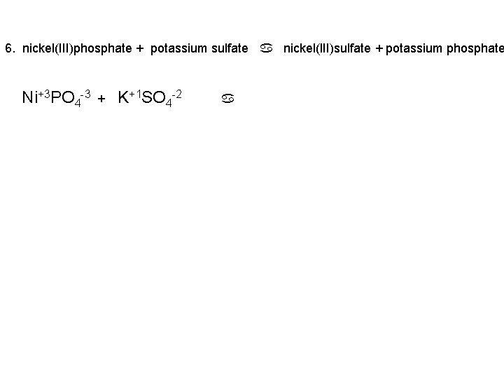 6. nickel(III)phosphate + potassium sulfate a nickel(III)sulfate + potassium phosphate Ni+3 PO 4 -3
