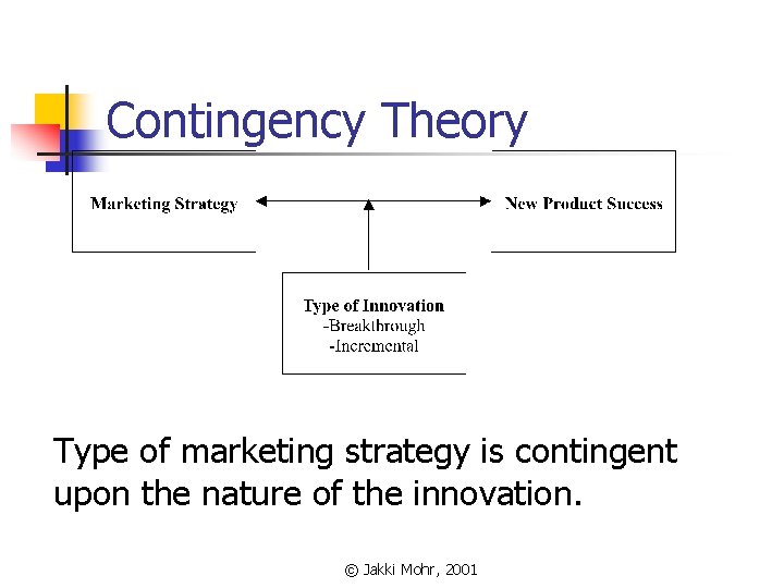 Contingency Theory Type of marketing strategy is contingent upon the nature of the innovation.