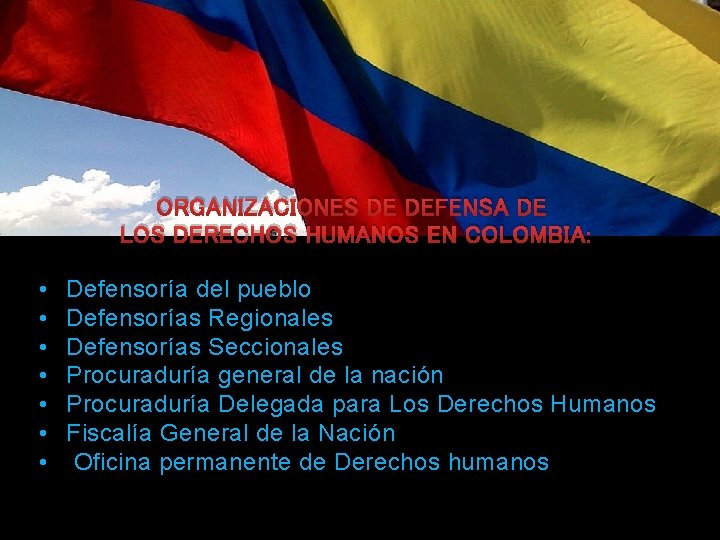 ORGANIZACIONES DE DEFENSA DE LOS DERECHOS HUMANOS EN COLOMBIA: • • Defensoría del pueblo