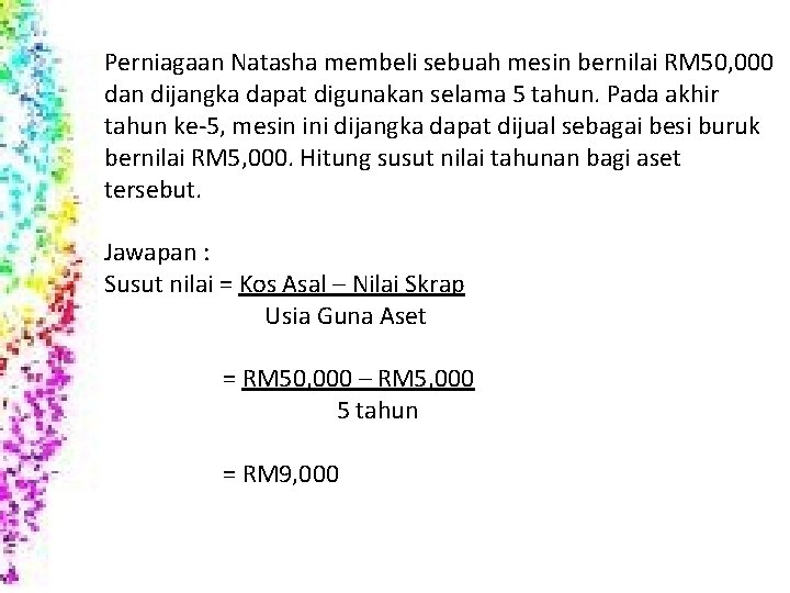 Perniagaan Natasha membeli sebuah mesin bernilai RM 50, 000 dan dijangka dapat digunakan selama