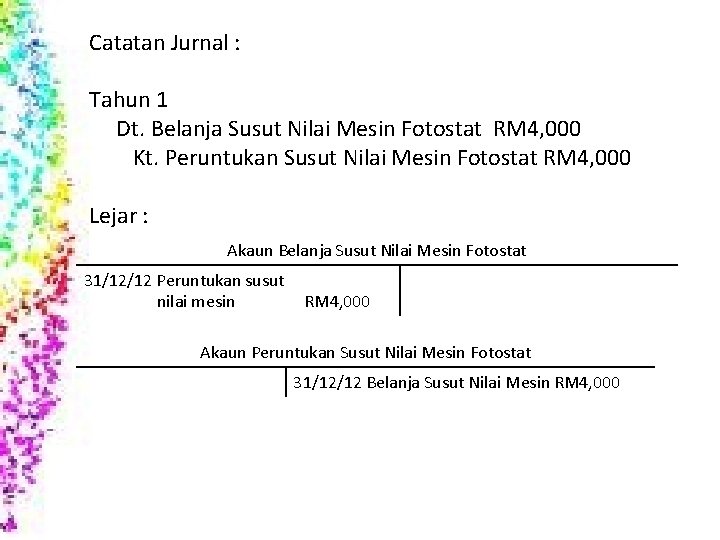 Catatan Jurnal : Tahun 1 Dt. Belanja Susut Nilai Mesin Fotostat RM 4, 000