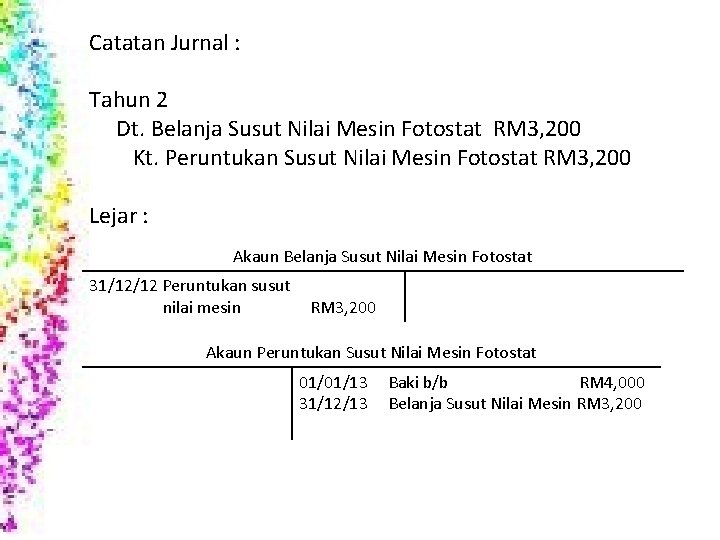 Catatan Jurnal : Tahun 2 Dt. Belanja Susut Nilai Mesin Fotostat RM 3, 200