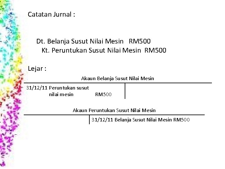 Catatan Jurnal : Dt. Belanja Susut Nilai Mesin RM 500 Kt. Peruntukan Susut Nilai