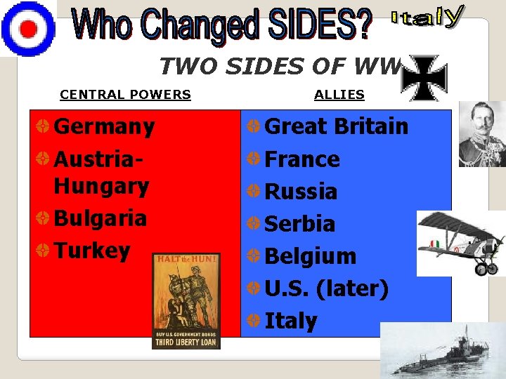 TWO SIDES OF WWI CENTRAL POWERS Germany Austria. Hungary Bulgaria Turkey ALLIES Great Britain