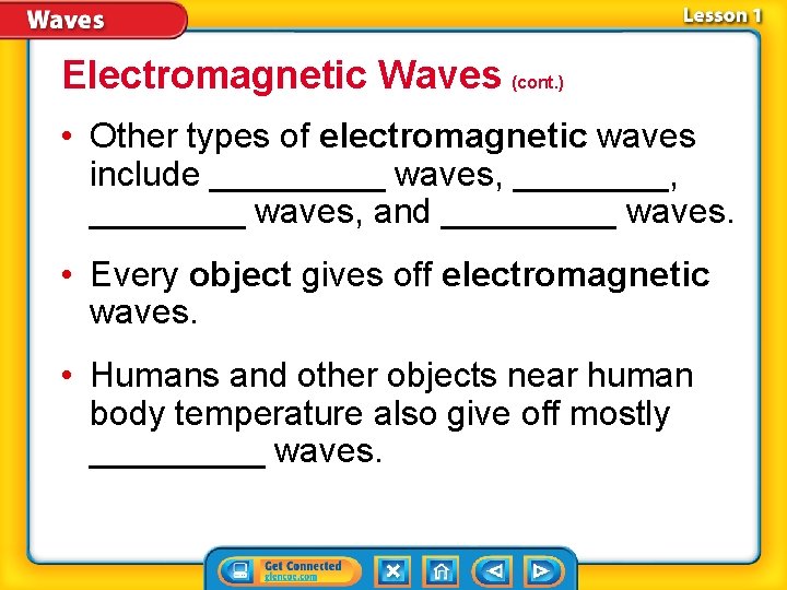 Electromagnetic Waves (cont. ) • Other types of electromagnetic waves include _____ waves, ________