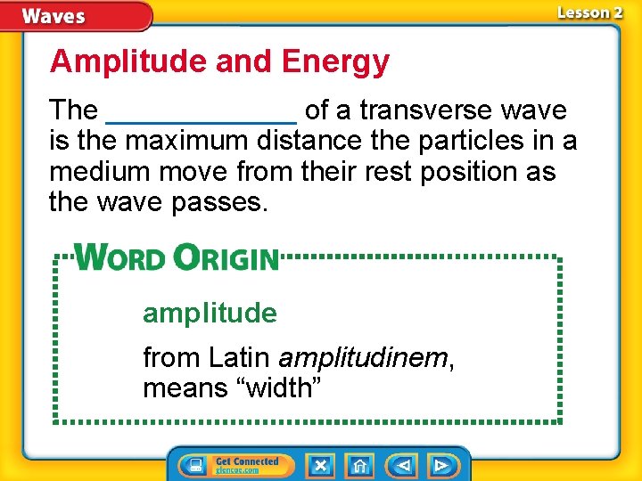 Amplitude and Energy The ______ of a transverse wave is the maximum distance the