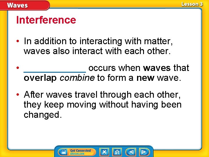 Interference • In addition to interacting with matter, waves also interact with each other.