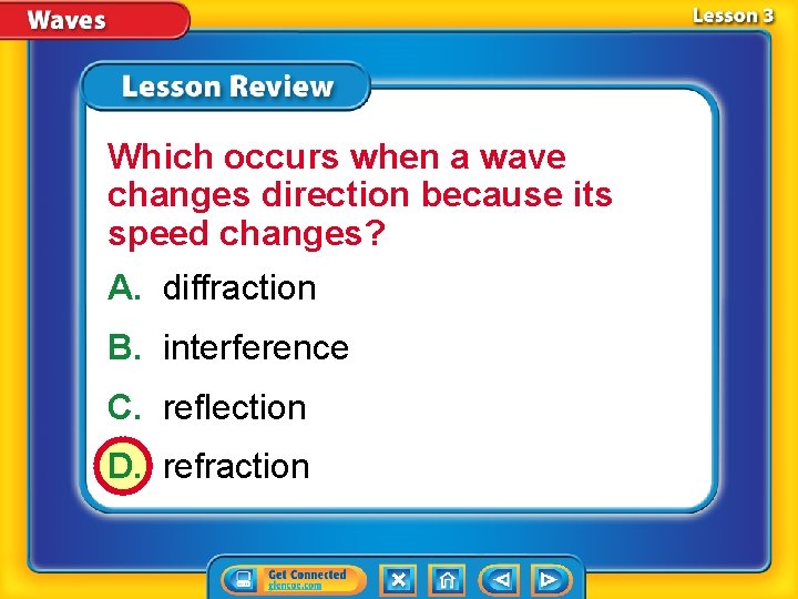 Which occurs when a wave changes direction because its speed changes? A. diffraction B.