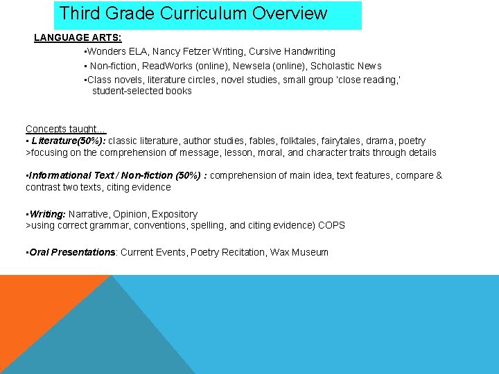 Third Grade Curriculum Overview LANGUAGE ARTS: • Wonders ELA, Nancy Fetzer Writing, Cursive Handwriting