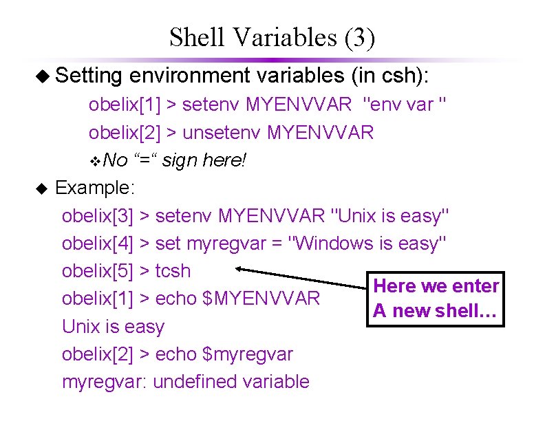 Shell Variables (3) u Setting u environment variables (in csh): obelix[1] > setenv MYENVVAR