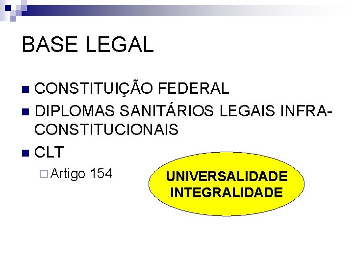 BASE LEGAL CONSTITUIÇÃO FEDERAL n DIPLOMAS SANITÁRIOS LEGAIS INFRACONSTITUCIONAIS n CLT n ¨ Artigo