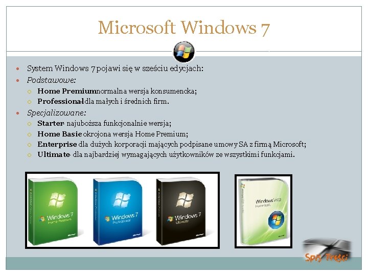 Microsoft Windows 7 System Windows 7 pojawi się w sześciu edycjach: Podstawowe: Home Premium