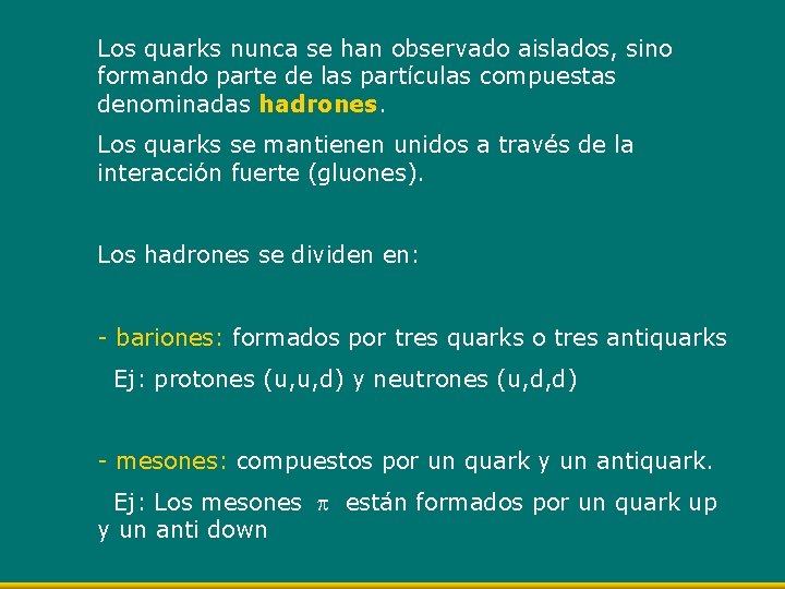 Los quarks nunca se han observado aislados, sino formando parte de las partículas compuestas