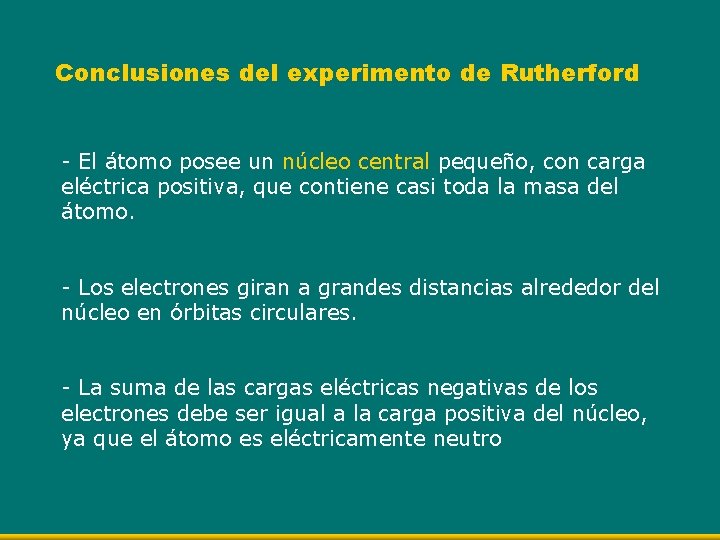 Conclusiones del experimento de Rutherford - El átomo posee un núcleo central pequeño, con