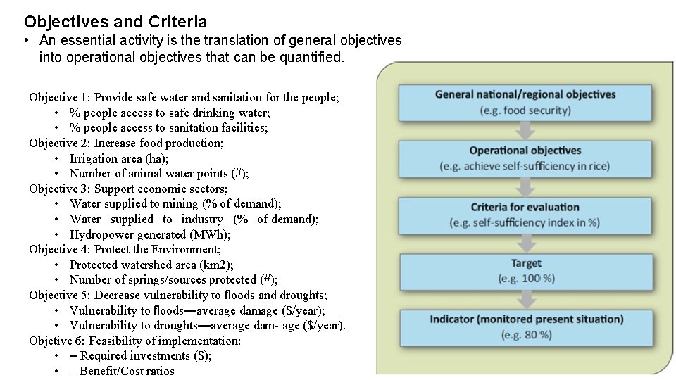 Objectives and Criteria • An essential activity is the translation of general objectives into