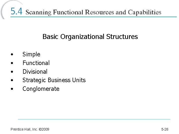 Basic Organizational Structures • • • Simple Functional Divisional Strategic Business Units Conglomerate Prentice