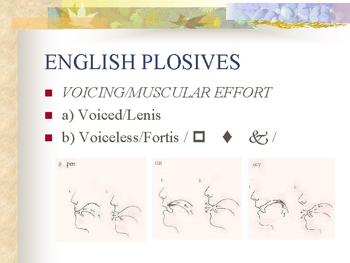 ENGLISH PLOSIVES n n n VOICING/MUSCULAR EFFORT a) Voiced/Lenis b) Voiceless/Fortis / p t
