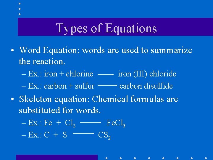 Types of Equations • Word Equation: words are used to summarize the reaction. –