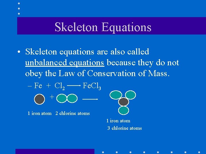 Skeleton Equations • Skeleton equations are also called unbalanced equations because they do not