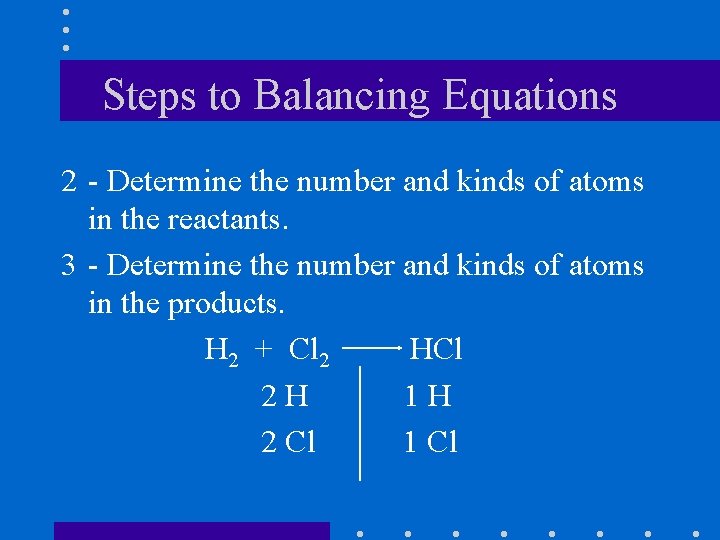 Steps to Balancing Equations 2 - Determine the number and kinds of atoms in