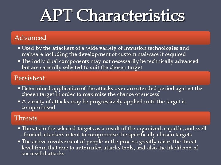 APT Characteristics Advanced • Used by the attackers of a wide variety of intrusion