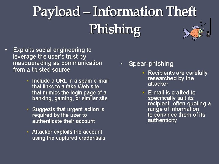 Payload – Information Theft Phishing • Exploits social engineering to leverage the user’s trust