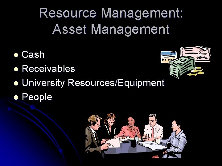 Resource Management: Asset Management Cash l Receivables l University Resources/Equipment l People l 