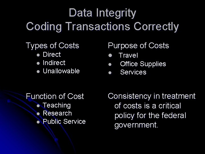 Data Integrity Coding Transactions Correctly Types of Costs l l l Direct Indirect Unallowable