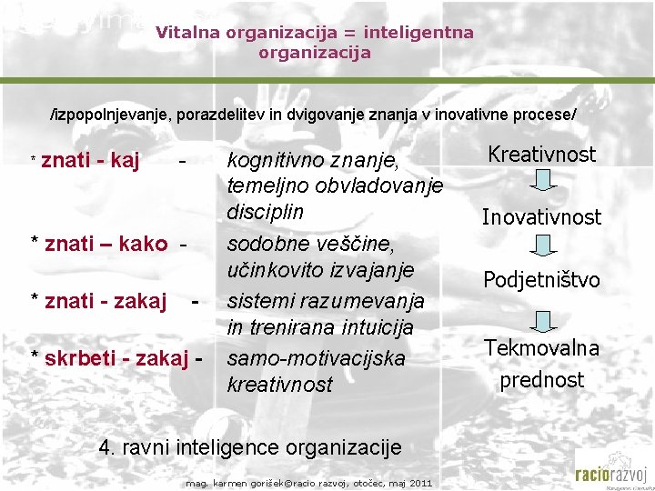 Vitalna organizacija = inteligentna organizacija /izpopolnjevanje, porazdelitev in dvigovanje znanja v inovativne procese/ *