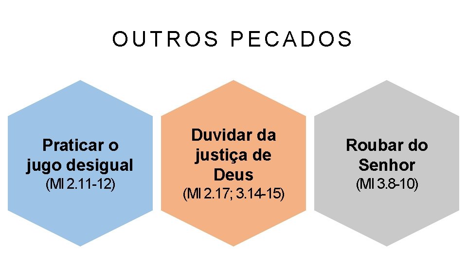 OUTROS PECADOS Praticar o jugo desigual (Ml 2. 11 -12) Duvidar da justiça de