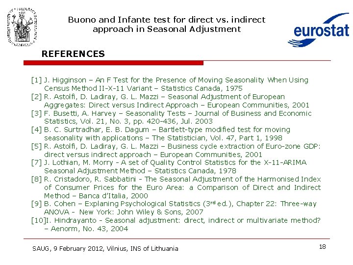 Buono and Infante test for direct vs. indirect approach in Seasonal Adjustment REFERENCES [1]