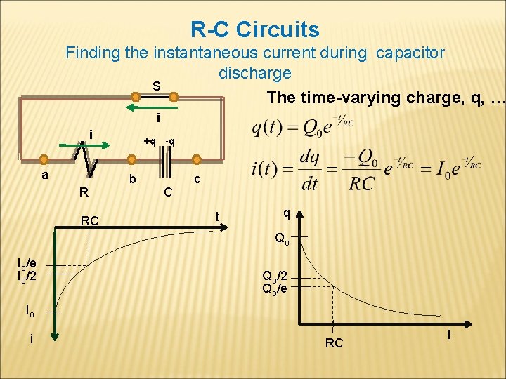 R-C Circuits Finding the instantaneous current during capacitor discharge S The time-varying charge, q,