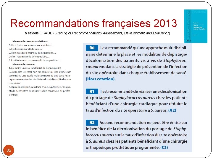 Recommandations françaises 2013 Méthode GRADE (Grading of Recommendations Assessment, Development and Evaluation) 32 