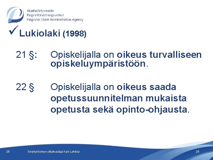 üLukiolaki (1998) 25 21 §: Opiskelijalla on oikeus turvalliseen opiskeluympäristöön. 22 § Opiskelijalla on