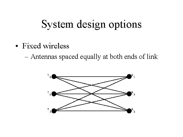 System design options • Fixed wireless – Antennas spaced equally at both ends of