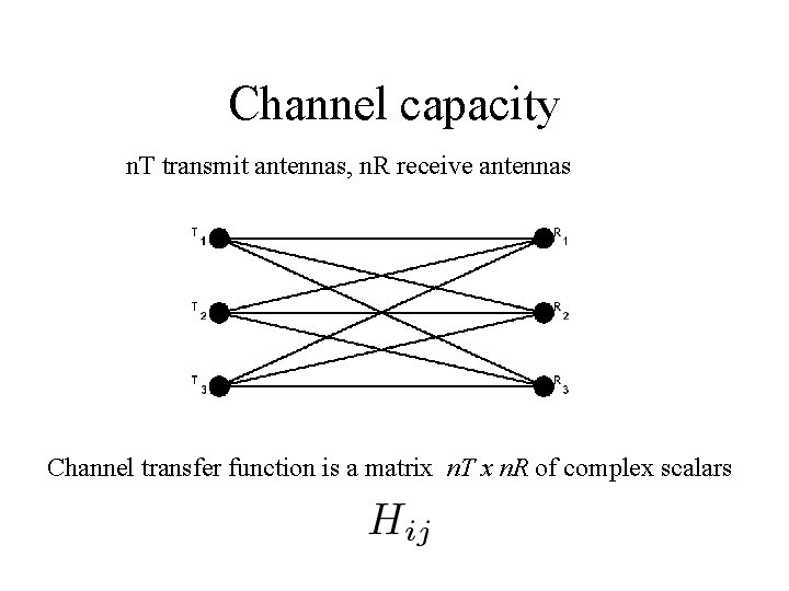 Channel capacity n. T transmit antennas, n. R receive antennas Channel transfer function is