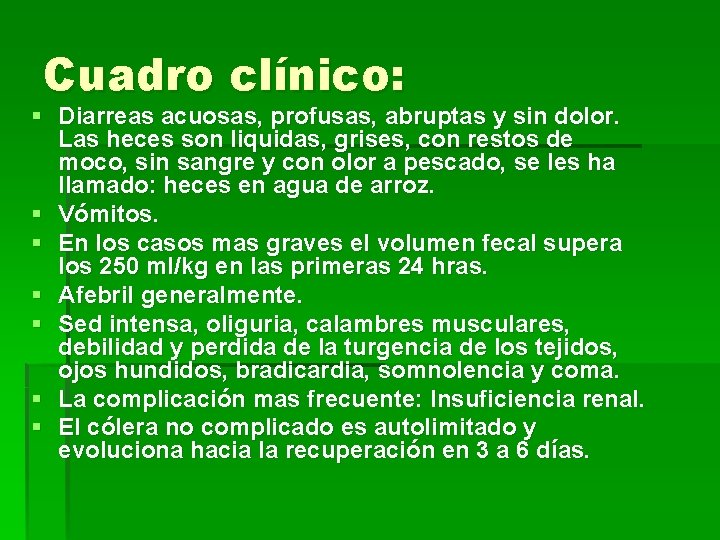 Cuadro clínico: § Diarreas acuosas, profusas, abruptas y sin dolor. Las heces son liquidas,