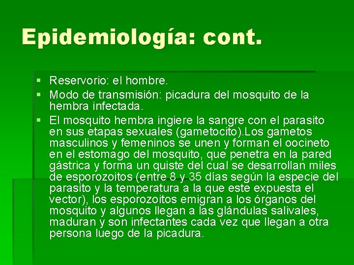 Epidemiología: cont. § Reservorio: el hombre. § Modo de transmisión: picadura del mosquito de